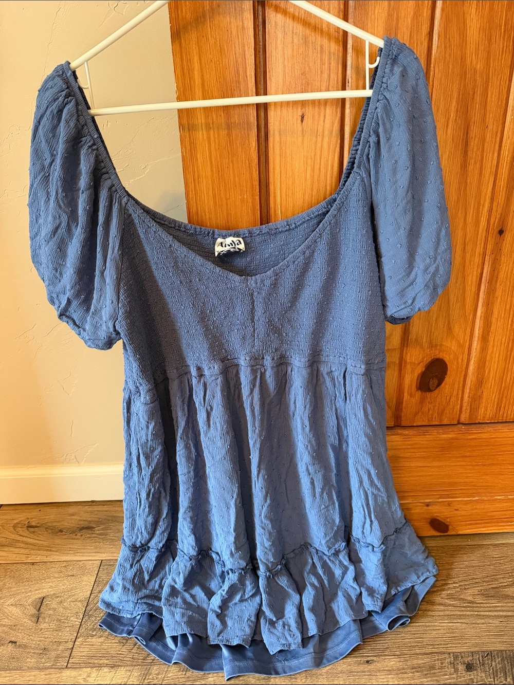 ARULA Size C Like New Embroidered Micro Mini Dress Tunic 3X Puff Sleeve blue